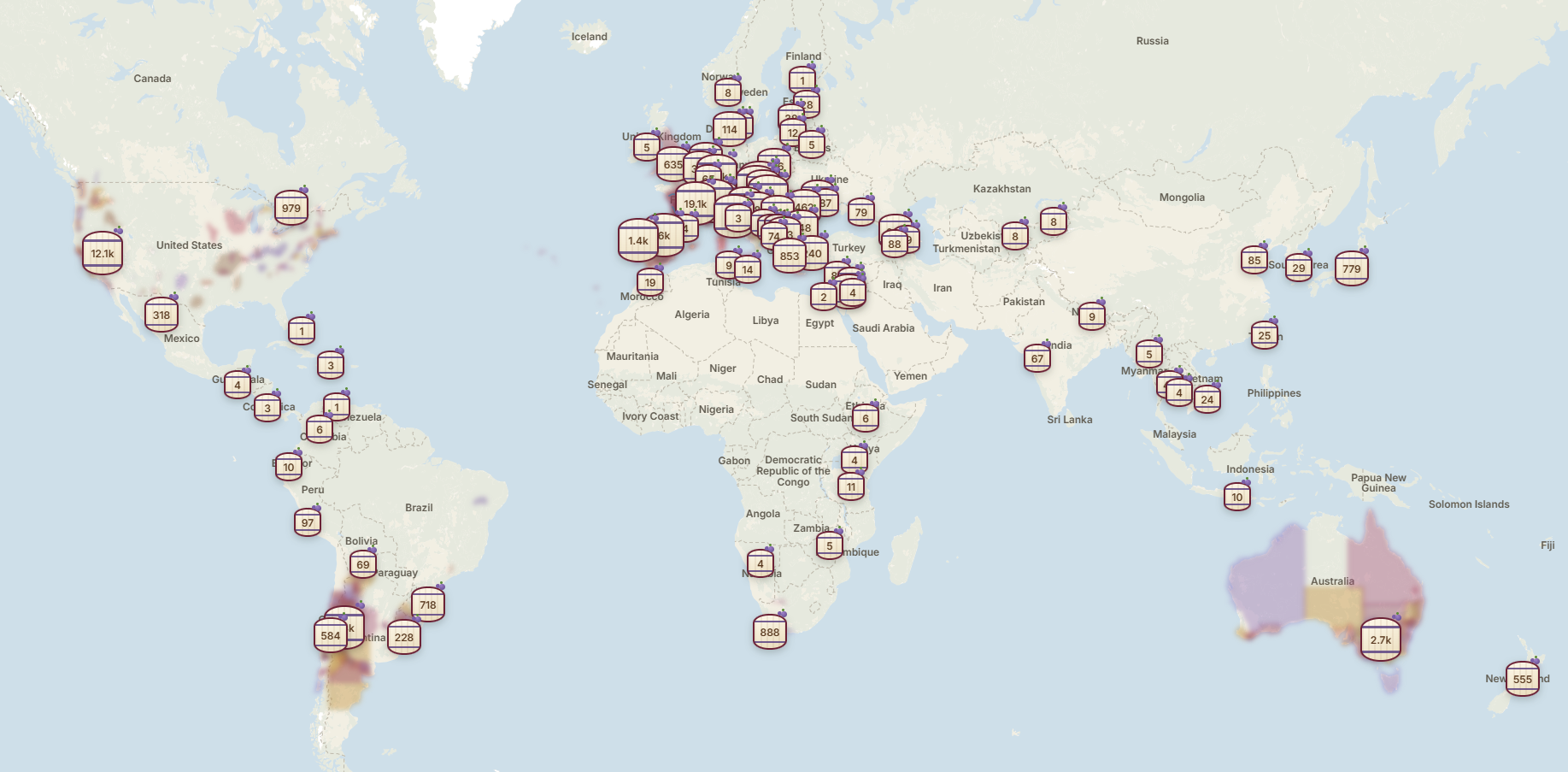 World Winery Map: 103 795 vinařství v 97 zemích.